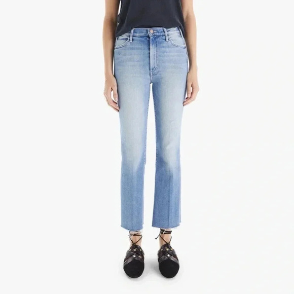 MOTHER The Hustler Ankle Fray Jeans Straight Leg Crop Denim Au Revoir Blue 25 - Picture 1 of 17